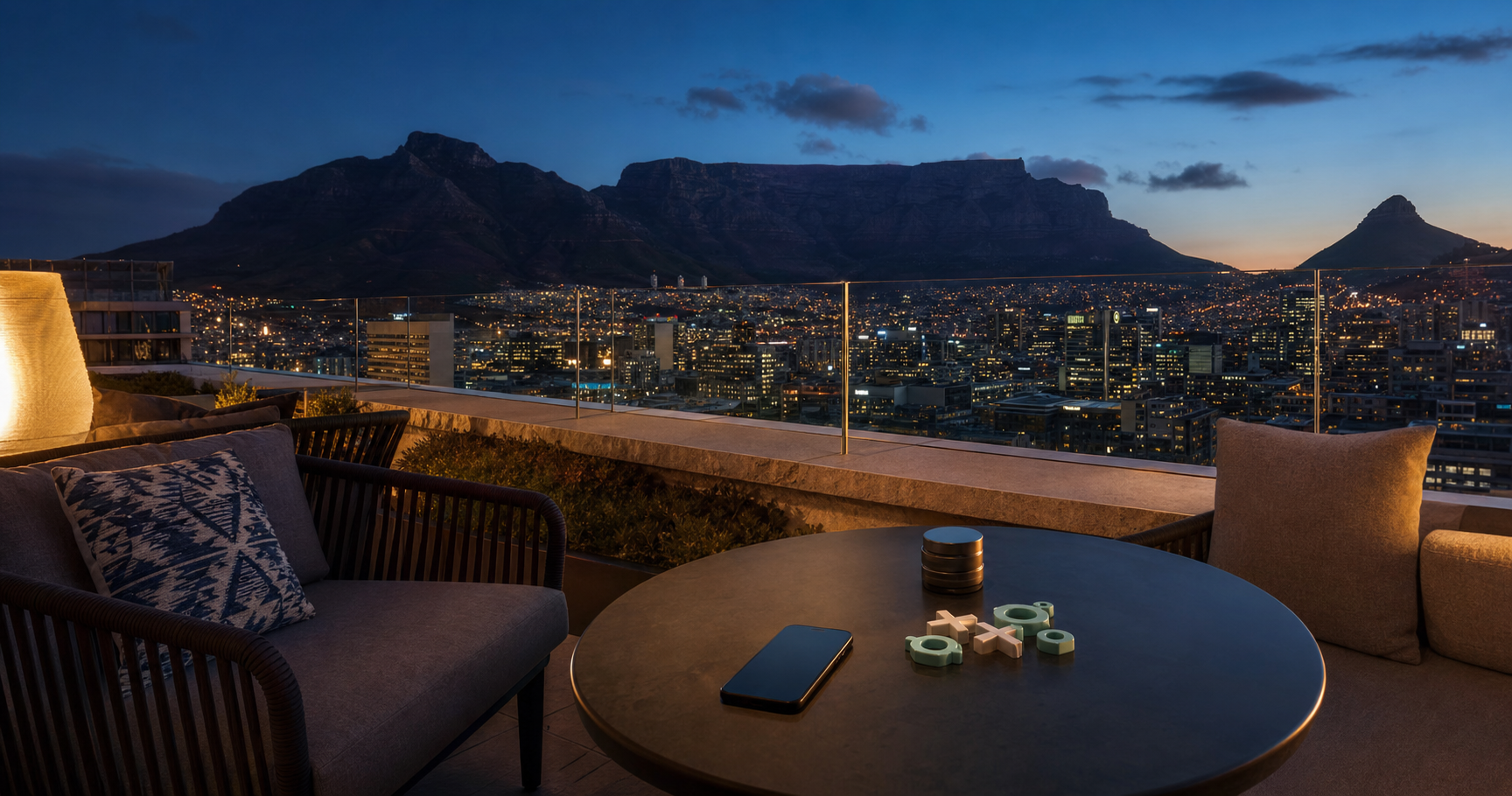 Cape Town skyline at dusk with subtle social gaming mood